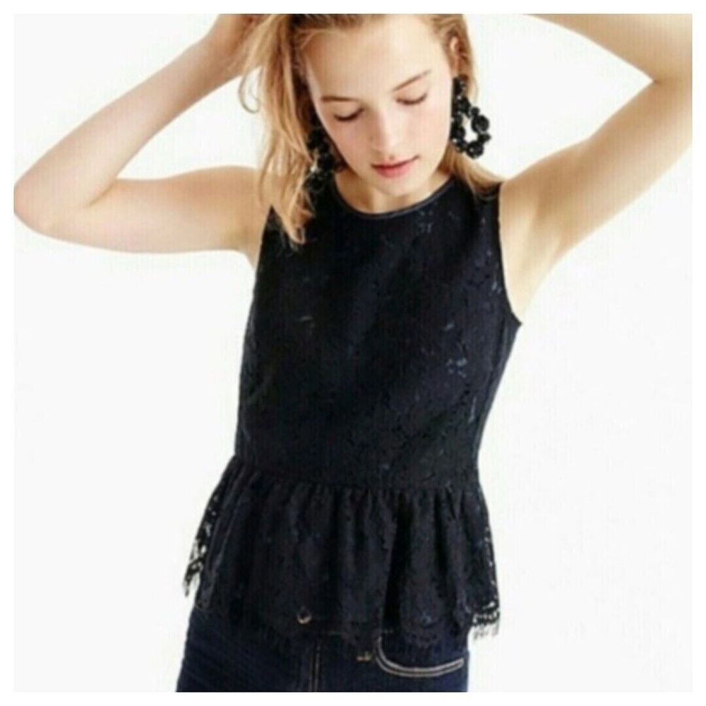 J.Crew Blouse Top Womens 8 Black Peplum‎ Sleeveless Scoop Neck Stylish Lace Top